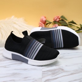 Plus Size Women Rainbow Stripe Knitted Breathable Casual Walking Shoes