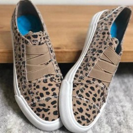 Woemn Leopard Printing Elastic Band Casual Canvas Flat Shoes